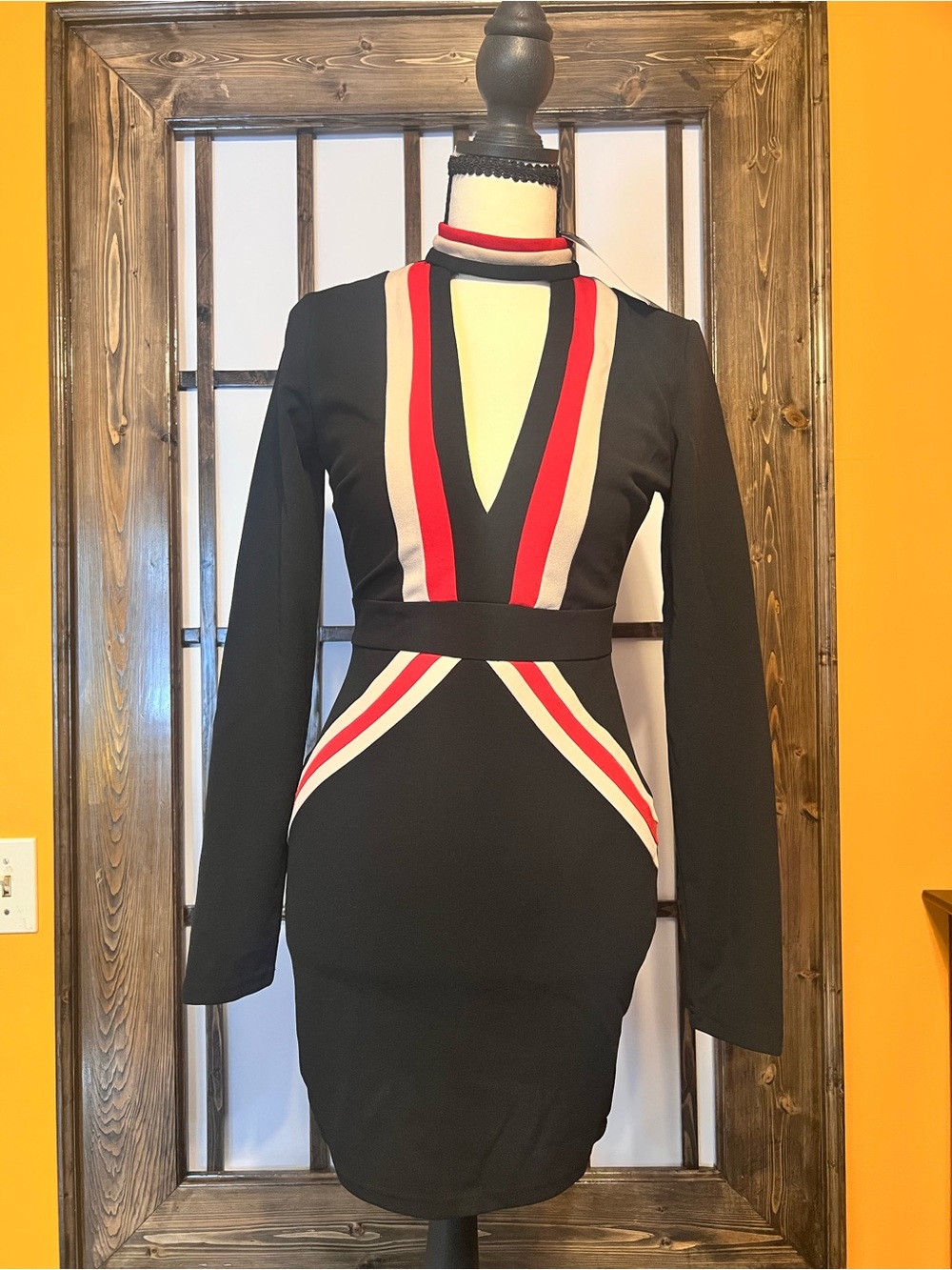 Fashion Nova Black Long Sleeve Bodycon Dress with Red and White Stripes